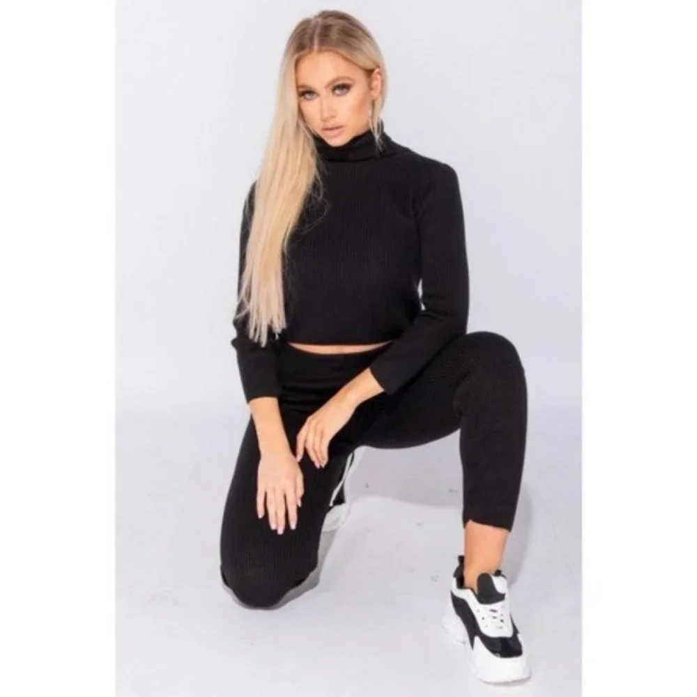Black Knitted Long Sleeve Turtle Neck Crop Top and Pants Two Piece Set - Picture 13 of 15